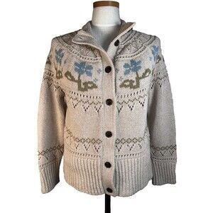LL Bean Signature Fairisle Cotton Fisherman Knit Sweater Cardigan Large Petite